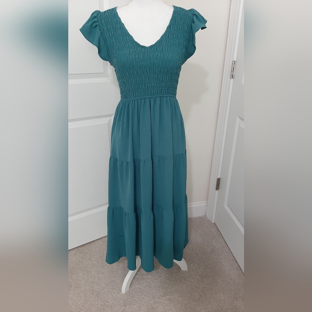 Blu Pepper Teal Smocked Midi Dress Small